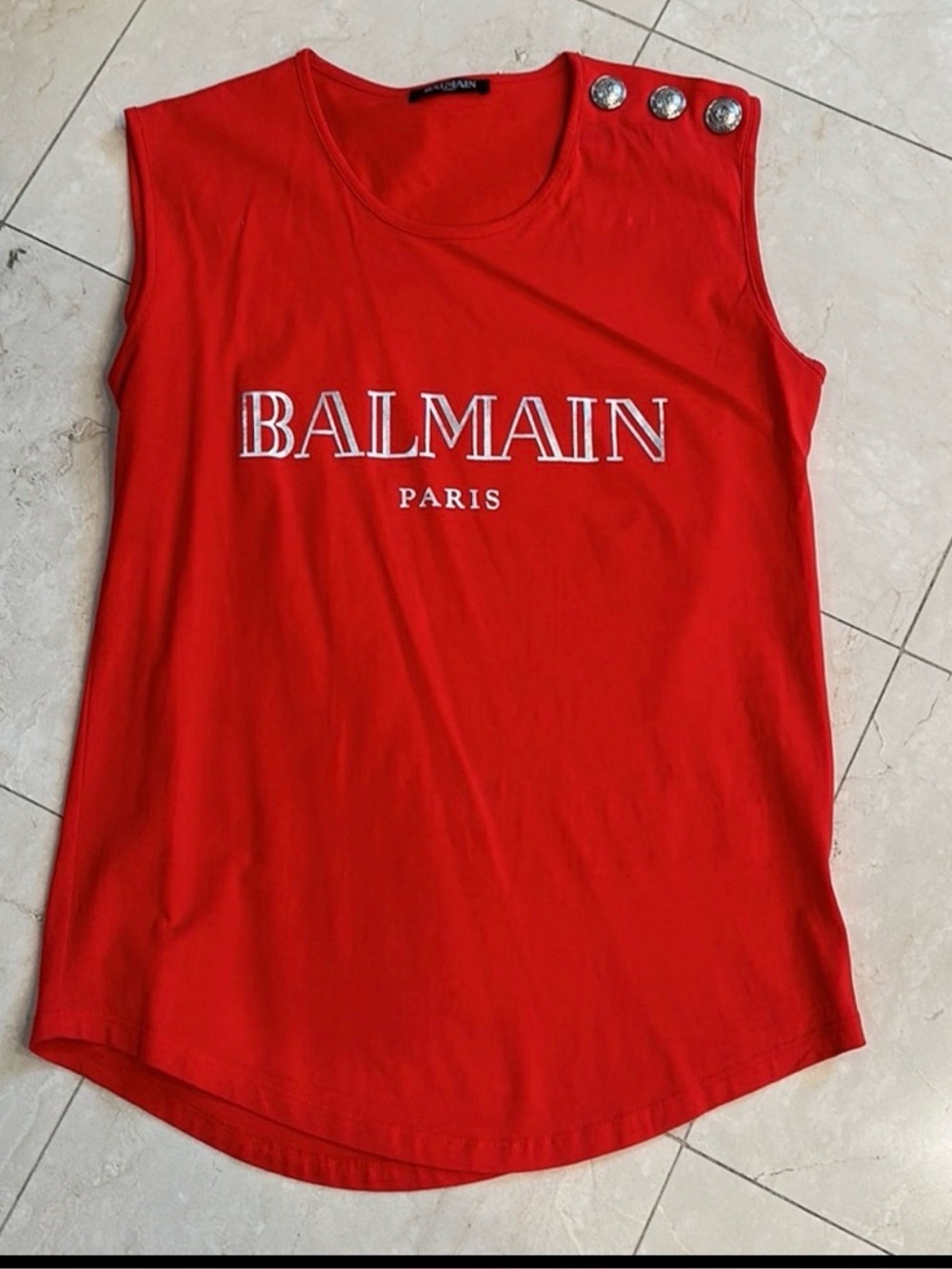 Balmain Red Short-Sleeve Logo Tee with Silver Buttons - Picture 3 of 5